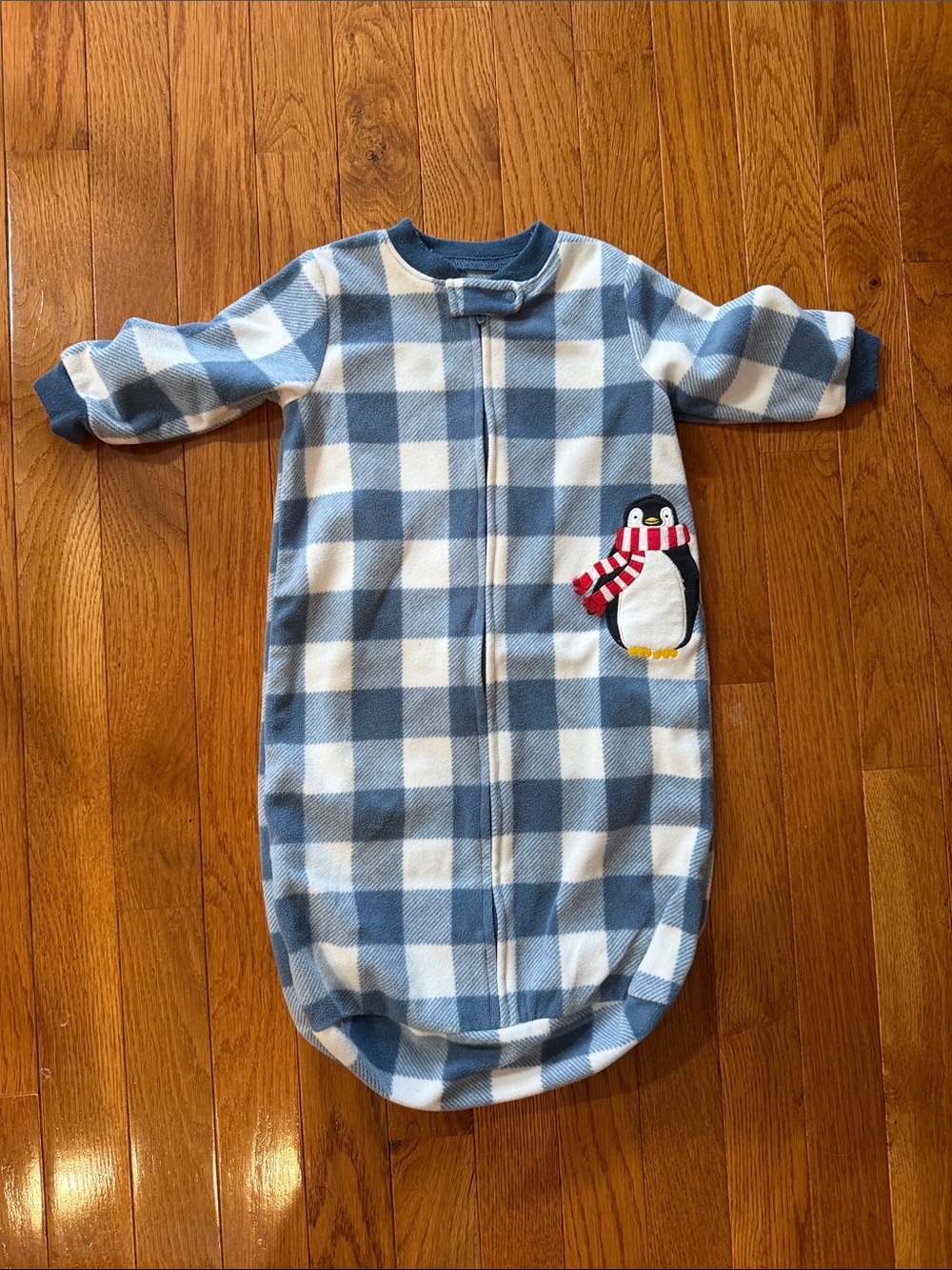 0-9M - Blue and White Check Cozy Infant Sleep Sack with Penguin Accent